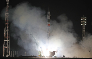 Seconds before the launch at the Baikonur Cosmodrome in Kazakhstan